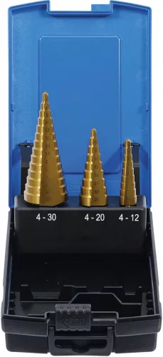 BGS technic Set burghie în trepte | titan nitrurat | Ø 4 - 30 mm | 3 piese (BGS 1624)