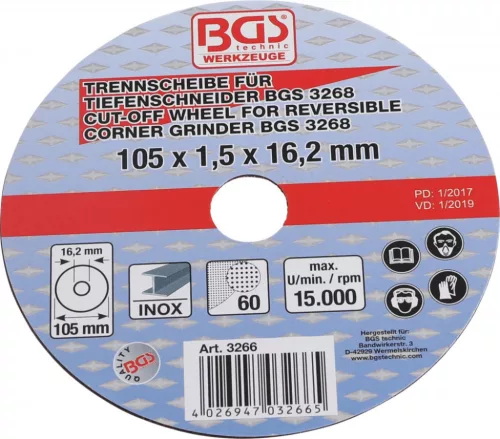 BGS technic Disc abraziv pentru taiere metal, 105x1.5x16.2 (BGS 3266)