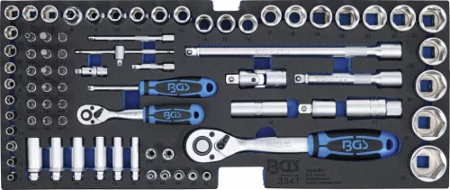 BGS technic Suport din spumă pentru set de tubulare | 12,5 mm (1/2") + 6,3 mm (1/4") | echipare 1/3 pentru dulap de scule | 77 piese (BGS 3341)