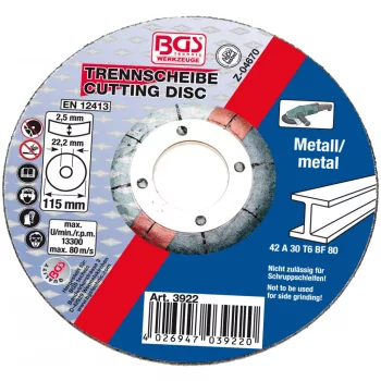   BGS technic Disc tăiere pentru metal | Ø 115 x 2,5 x 22,2 mm | tip 42. (BGS 3922)