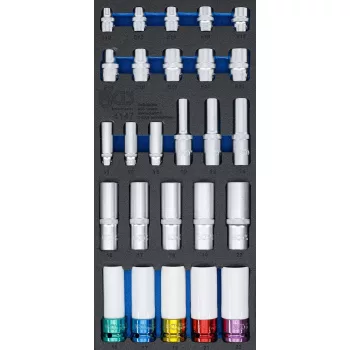   BGS technic Suport organizator pentru cărucior 1/3: Capete chei tubulare hexagonale, adânci, 11, 22 mm | Profil E E10 - E22 | 6,3 mm (1/4"), 10 mm (3/8"), 12,5 mm (1/2") | 26 piese (BGS 4147)