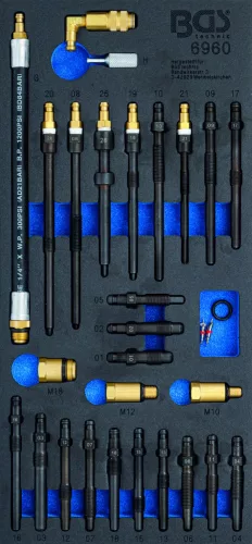 BGS technic Set adaptoare pentru tester compresie şi pierdere presiune | 30 piese : Suport organizator pentru cărucior 1/3 (BGS 6960)