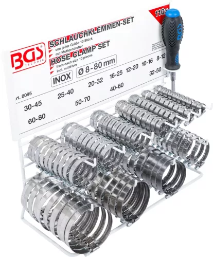BGS technic Sortiment coliere de furtun | inox | pe panou | 111 piese (BGS 8095)