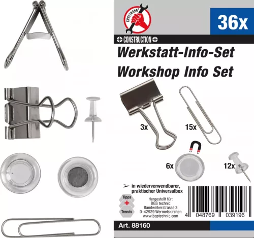 BGS DIY Set atelier cu cleme, agrafe de birou, magneţi şi ace | 36 piese (BGS 88160)