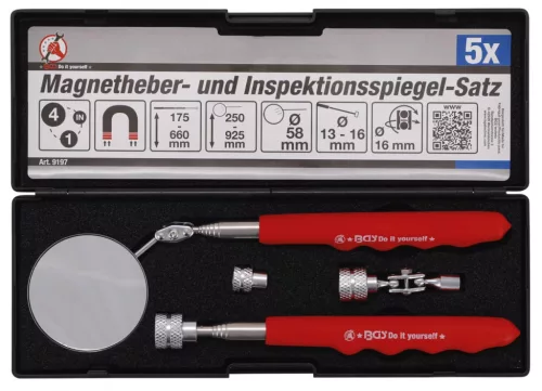 BGS DIY Set dispozitiv magnetic de ridicat şi oglindă de inspecţie | 4 piese (BGS 9197)