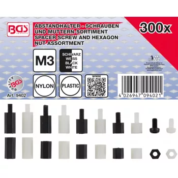  BGS technic Sortiment şuruburi suport distanţier şi Sortiment piuliţe hexagonale | Nylon | 300 piese (BGS 9402)