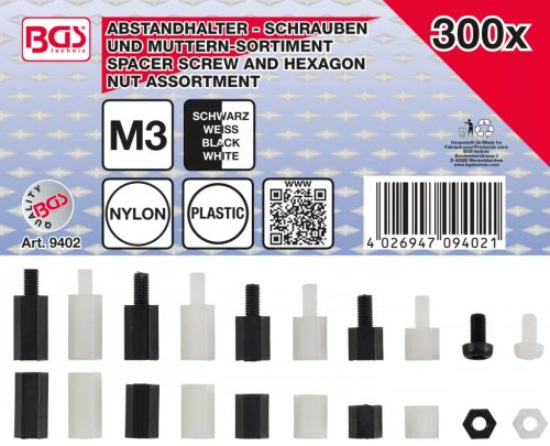 BGS technic Sortiment şuruburi suport distanţier şi Sortiment piuliţe hexagonale | Nylon | 300 piese (BGS 9402)