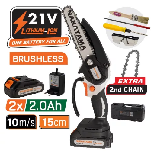 NAKAYAMA mini drujbă cu acumulator 21V, fără perii, ghid lanț 15cm, 825gr, lanț 1/4" 1,1mm, 37 ochiuri, 2x2Ah Li-Ion (EC1050)