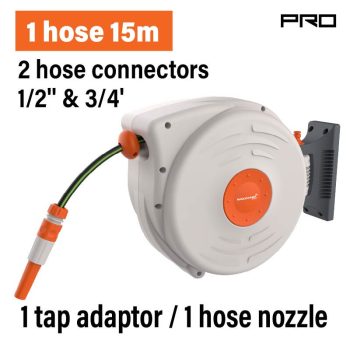   NAKAYAMA PRO tambur automat pentru furtun grădină 15m 1/2" și 4 accesorii, rotație 180° (GH9160)