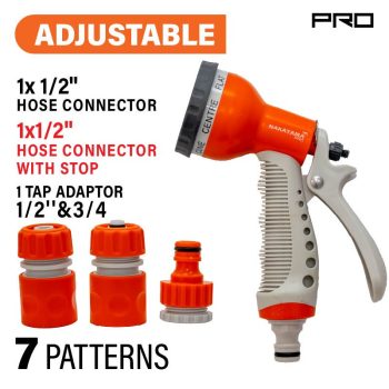   NAKAYAMA PRO set pistol de pulverizare reglabil, 4 buc, cu conector furtun, regulator și adaptor robinet (GH9216)