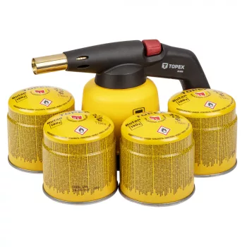   TOPEX Torță de Lipit cu Gaz, Perzător, Arzător cu 4 Rezervoare de Gaz, 190g, Rezervor cu Supapă (44E154)