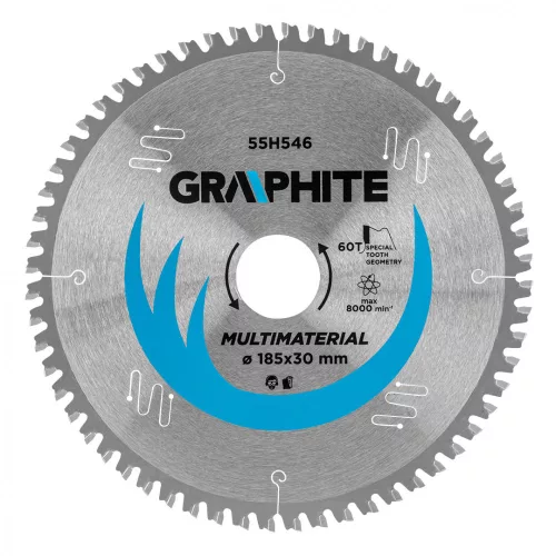 GRAPHITE Fierăstrău circular cu dinți din carbura de tungsten, 185x30mm, 60 de dinți, universal (55H546)