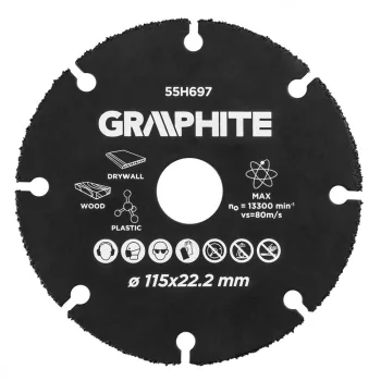   GRAPHITE Disc de tăiere pentru lemn, plastic, carbide de tungsten, 115x22.2mm (55H697)