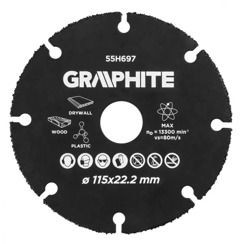 GRAPHITE Disc de tăiere pentru lemn, plastic, carbide de tungsten, 115x22.2mm (55H697)