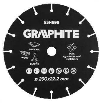   GRAPHITE Disc de tăiere pentru lemn, plastic, carbide de tungsten, 230x22.2mm (55H699)
