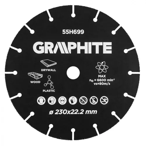 GRAPHITE Disc de tăiere pentru lemn, plastic, carbide de tungsten, 230x22.2mm (55H699)