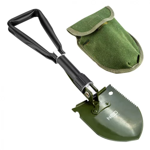 NEO Lopată de camping pliabilă, cu unelte ascunse în cap: lopată, ciocan, deschizător de sticle, fierăstrău, cheie de 10mm (63-121)
