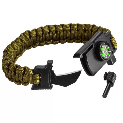 NEO Brățară de supraviețuire 5 în 1: 3.5m paracord (capacitate 250kg), piatră de aprins, busolă, cuțit, fluier, verde, lățime 26mm (63-140)