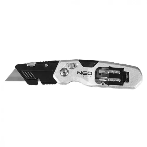 NEO Cuțit cu lamă trapezoidală, pliabil, carcasă din aluminiu, 1+3 lame, 2 capete de șurubelniță (63-705)