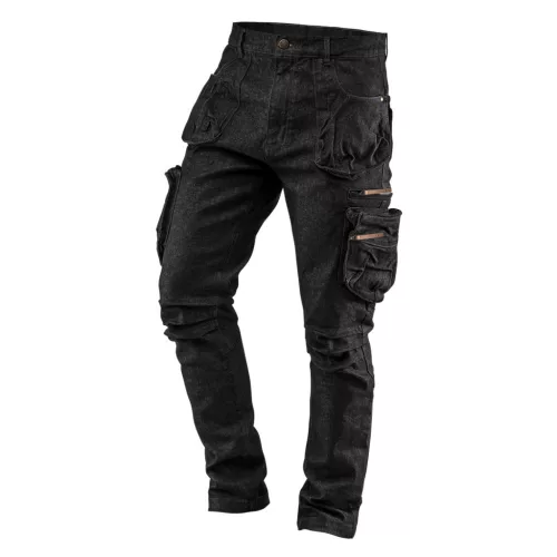 NEO Pantaloni de lucru din blugi, 5 buzunare, negri, 98% bumbac, 2% elastan, întărire la genunchi, L (81-233-L)