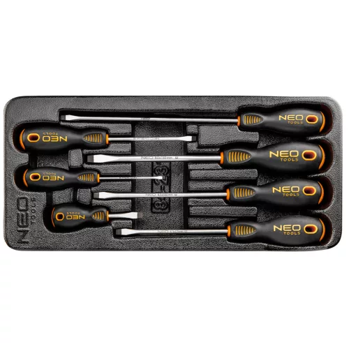 NEO Set șurubelnițe plată 7buc., cu tavă pentru caruciorul de atelier (84-231)