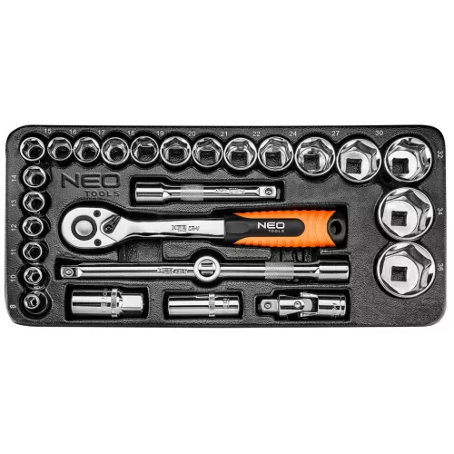 NEO Set chei tubulare 1/2", 27buc., 10-26mm, cu tavă pentru caruciorul de atelier (84-238)