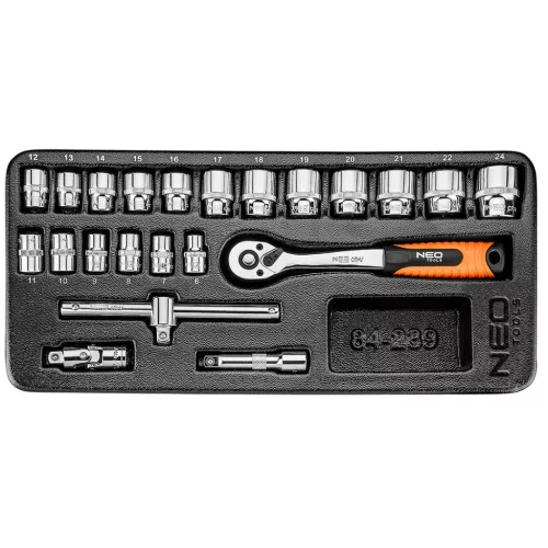 NEO Set chei tubulare 3/8", 22buc., 6-24mm, cu tavă pentru caruciorul de atelier (84-239)