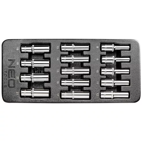 NEO Set chei tubulare lungi 1/2" 14buc., 8-21mm, cu tavă pentru caruciorul de atelier (84-243)
