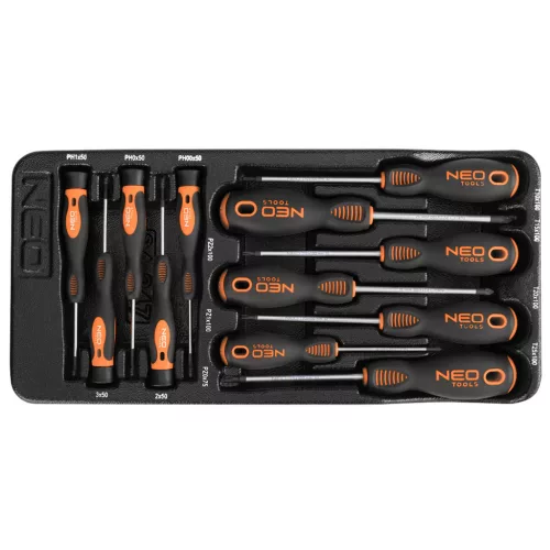 NEO Set precizie șurubelnițe, PZ, TORX, 12buc., cu tavă pentru caruciorul de atelier (84-247)
