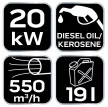 NEO Încălzitor pe bază de combustibil diesel, 20kW, 19l, consum: 1.9l/h, performanță: 550 m3/h (90-080)