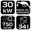 NEO Încălzitor pe bază de combustibil diesel, 30kW, 34l, consum: 2.8l/h, performanță: 750 m3/h, cu roți (90-081)