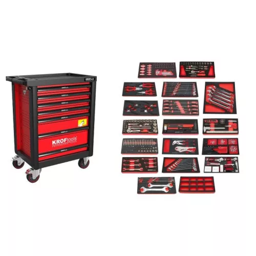 KROFtools Cărucior scule 7 sertare 352 piese – roșu (8353VER)
