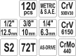 YATO Set chei tubulare 120 piese 1/2" 20–32 mm, 1/4" 4–13 mm, 3/8" 9–17 mm CrV S2 profesional (YT-38801)